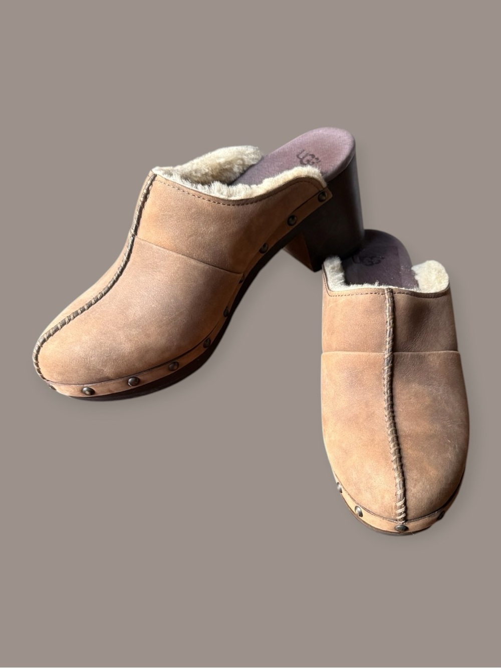 UGG Tan Suede Shearling-Lined Clog Heels with Stud Accents